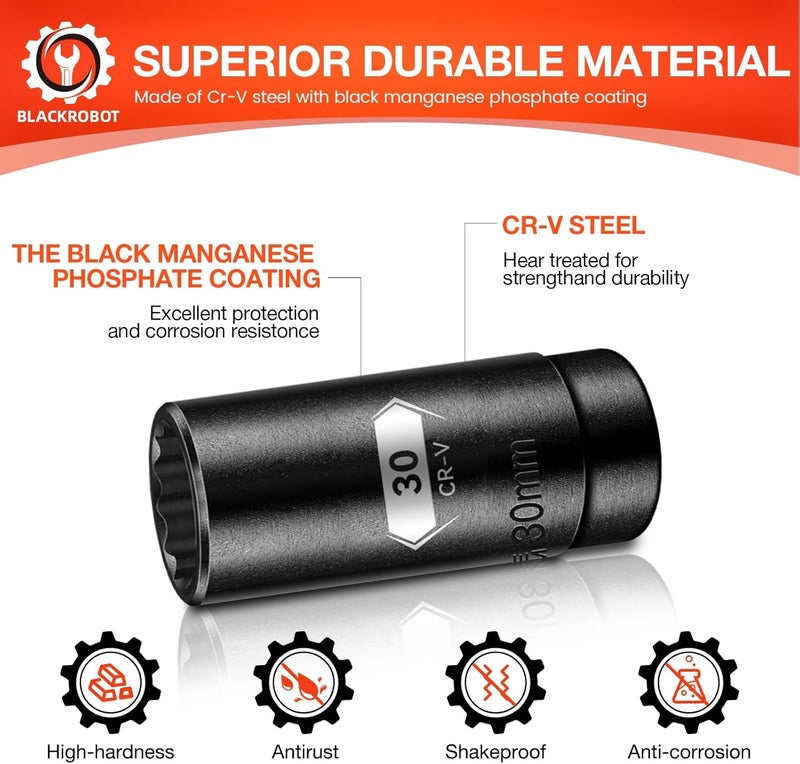 BLACKROBOT 30 mm 12-Point Deep Impact Socket, 1/2 Inch Drive, Metric, Cr-V Steel With Black Manganese Phosphate Coating - Image 5
